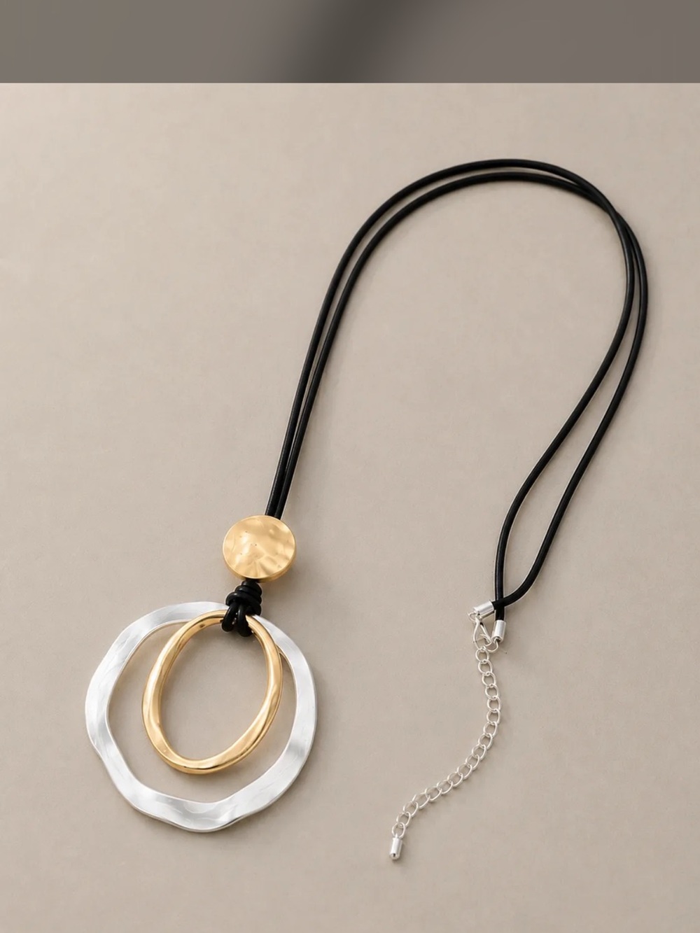 Mixed Metal Hammered Circle Pendant Statement Necklace by Elan’s Daughter